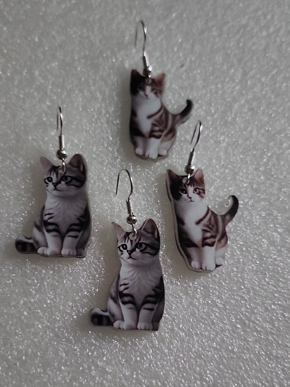 2 Pair Hand Crafted Gray and White Cat Drop Earrings